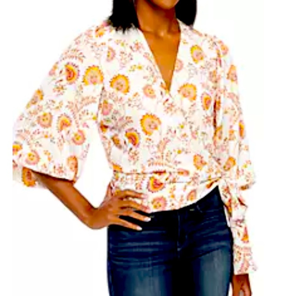 1. State womans Wonderlust wrap top color gold sun size M